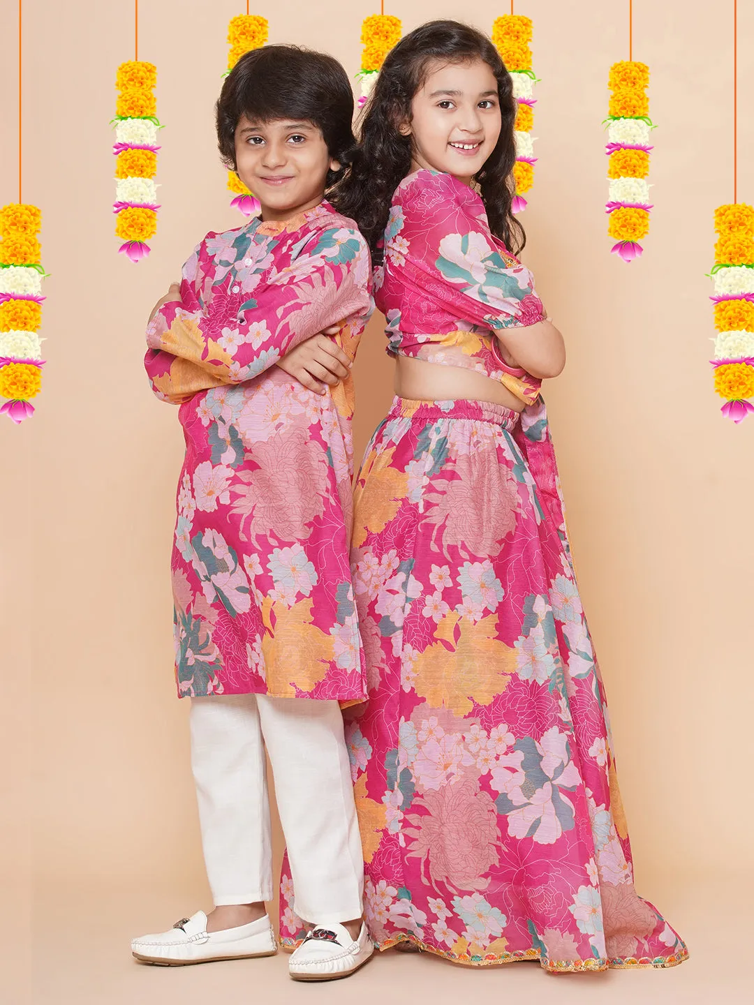 Boys Pink Printed Kurta with Pyjamas