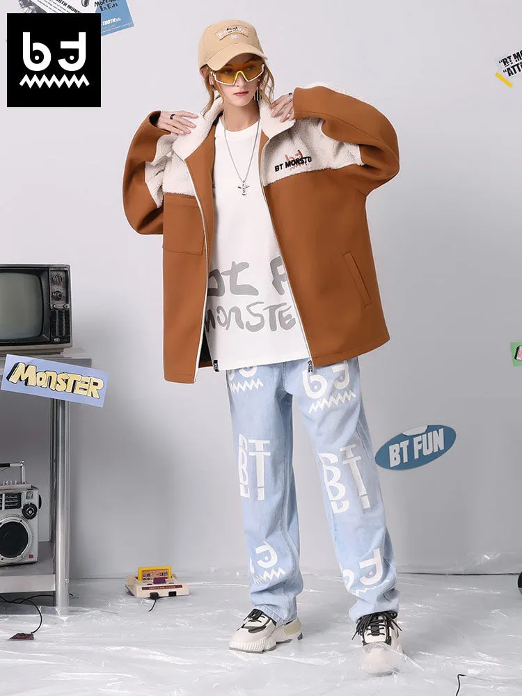 Multicolor monogram embroidered shoulder drop pocket teddy wool jacket