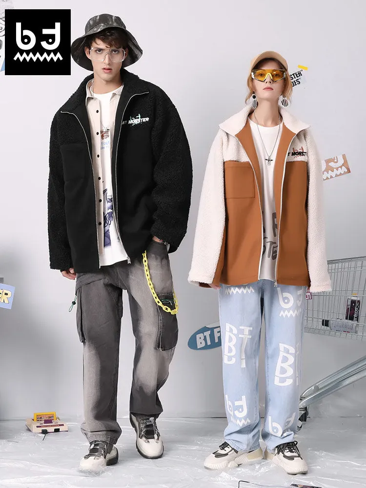 Multicolor monogram embroidered shoulder drop pocket teddy wool jacket