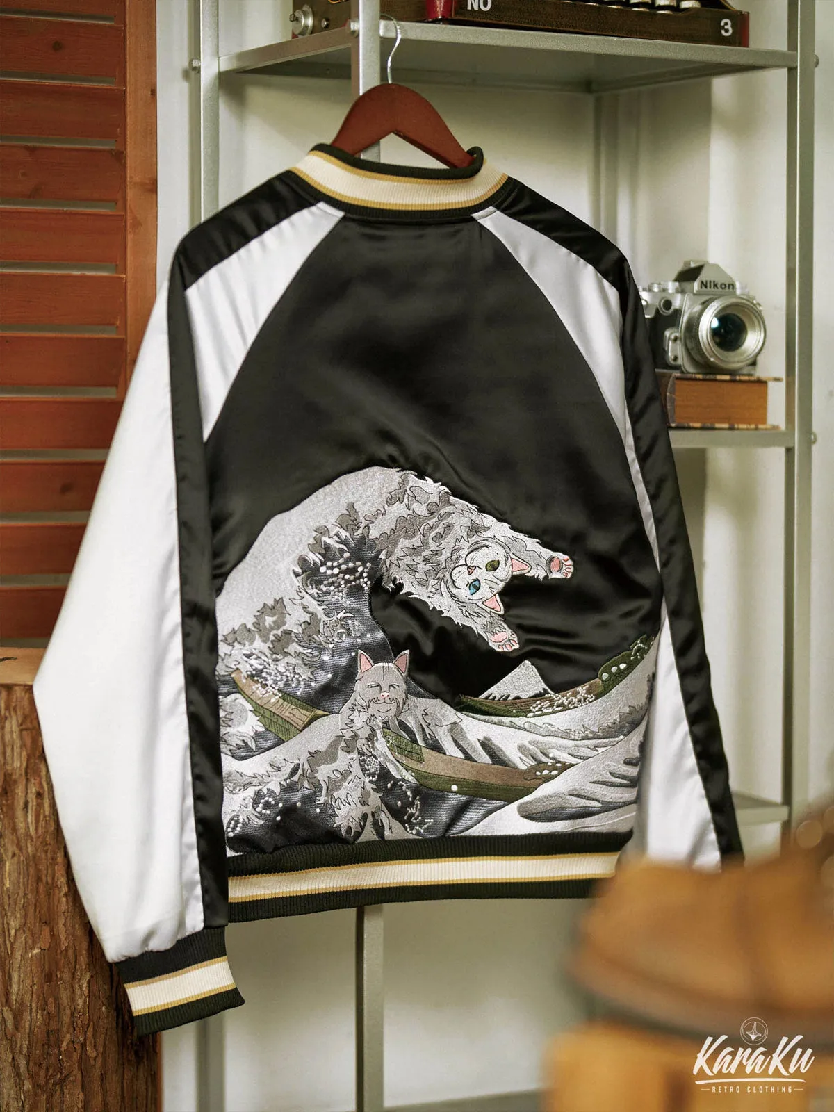 PRE-ORDER Cats Turn Of A Wave Ukiyo-e Embroidered Baseball Jacket