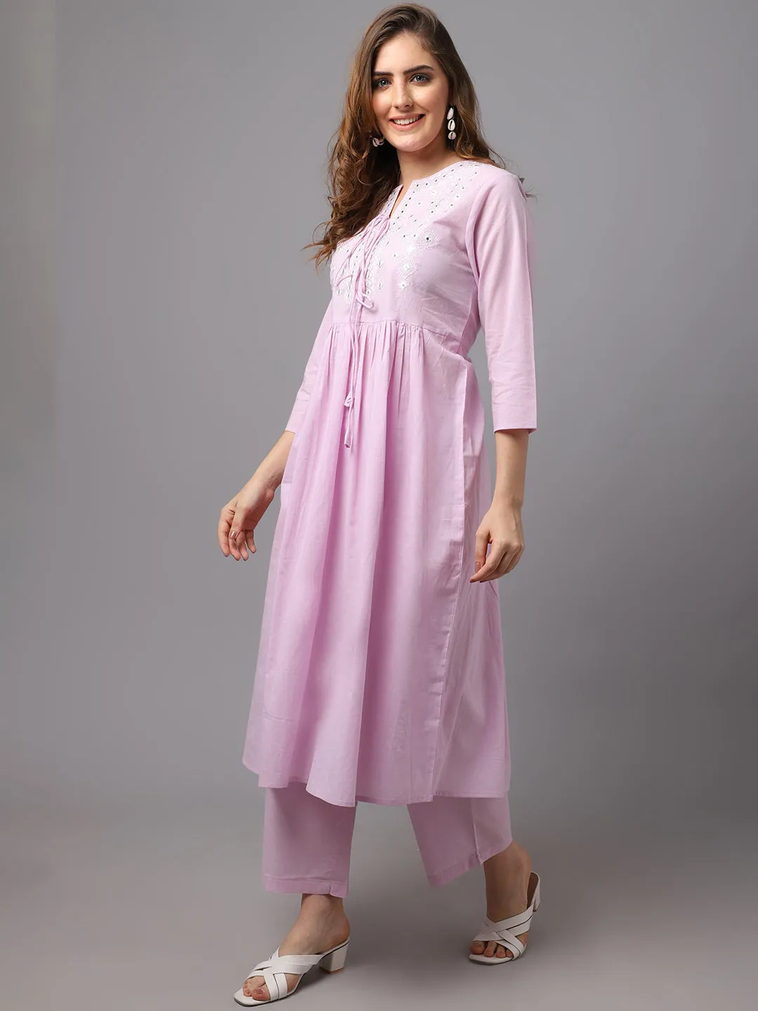 Women Mauve Mirror Work Kurta Set